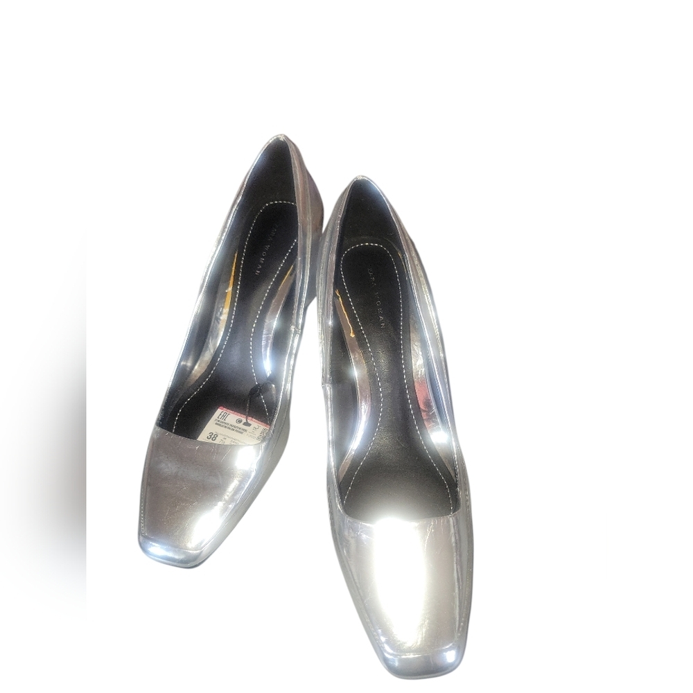 Zara Women's Silver Metallic Mirrored Chunky Heels Square Toes Sz EU 38 US 7 1/2